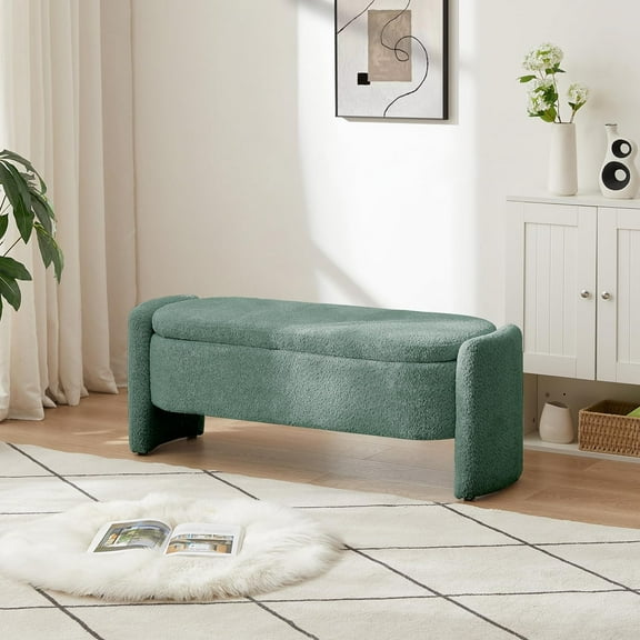 Storage Ottoman , Upholstered 3D Lamb Fleece Fabric Oval Bedroom  with Safety Hinge and Legs for End of Bed Stool, Living Room, Entryway Footrest (Green, 47.2" L x 16.9" W x 17.2" H)