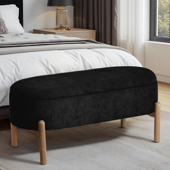 Storage Ottoman, Upholstered Corduroy Storage for Bedroom End of Bed, Modern Aesthetic Furniture, Large Oval Ottoman for Foot of Bed, Living Room, Entryway, Under Window (Black)