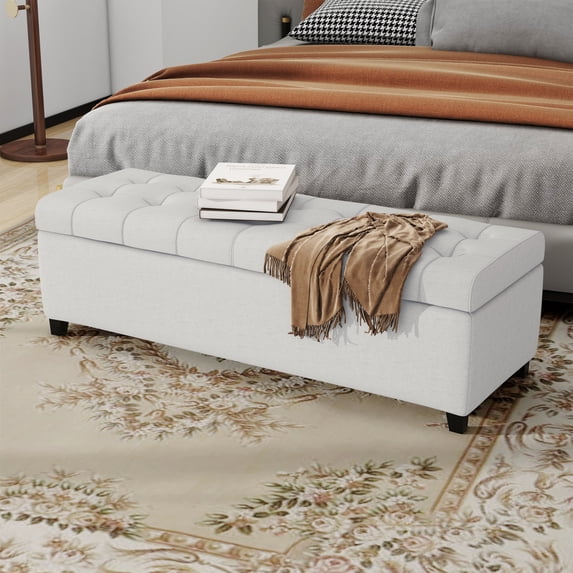 Storage Ottoman, Upholstered Fabric Ottoman with Storage, Storage Bench with Safety Hinge, for Entryway Living Room Bedroom, Light Gray