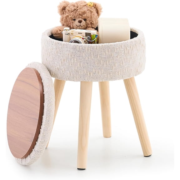 Storage Ottoman Velvet Round Vanity Stool Tray Top Modern Foot Stool with Wood Legs Multifunctional Upholstered Foot Ottoman Rest for Living Room, Bathroom