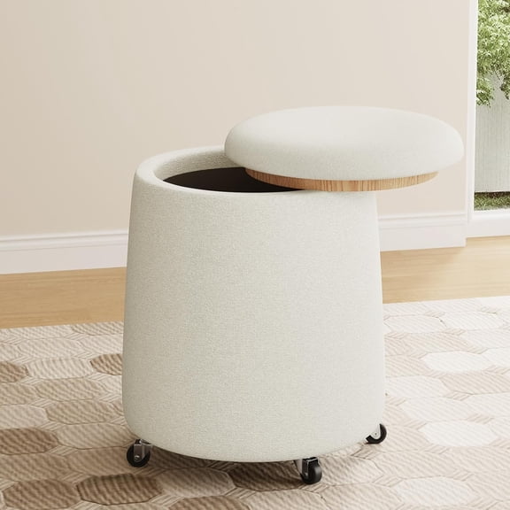 Storage Ottoman with Wheels, 15“W Swivel Rolling Foot Stool Boucle Terry Fabric Coffee Table Ottoman with Hidden Storage, Round Vanity Stools for Makeup Room Living Room Bedroom Entryway Dorm, Beige