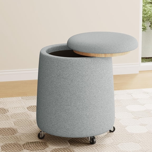 Storage Ottoman with Wheels, 15"W Swivel Rolling Foot Stool Boucle Terry Fabric Coffee Table Ottoman with Hidden Storage, Round Vanity Stools for Makeup Room Living Room Bedroom Entryway Dorm, Grey
