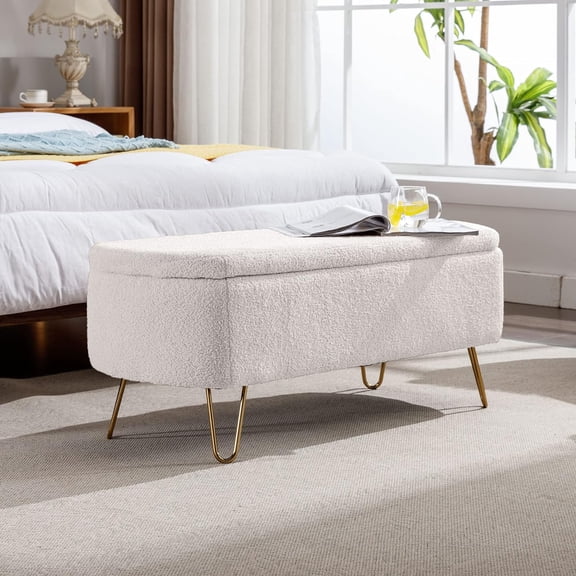 Storage Ottoman for End of Bed with Gold Legs, Modern Faux Fur Entryway Bench,for Living RoomBedroomEnd of Bed,Ivory White