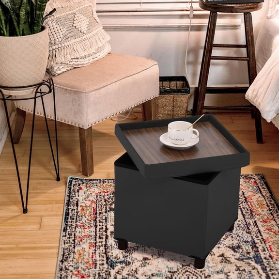 Storage Ottoman for Living Room, Square Faux Leather Foot Stool with Tray and , Foldable Cube Coffee Table , Black