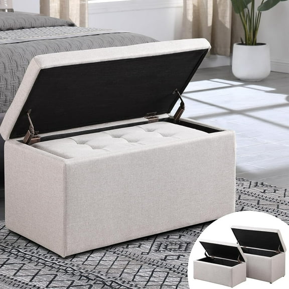 Storage Ottoman  with 2.56-inch Thick Seat, 31.5 inch Nesting Ottoman Set of 2, Hinged Flip Top  with Storage for Living Room, Bedroom, Beige