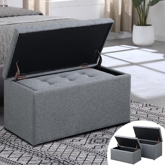 Storage Ottoman with 2.56-inch Thick Seat, 31.5 inch Nesting Ottoman Set of 2, Hinged Flip Top with Storage for Living Room, Bedroom, Grey