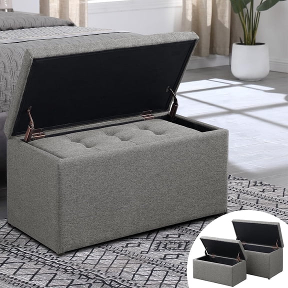 Storage Ottoman with 2.56-inch Thick Seat, 31.5 inch Nesting Ottoman Set of 2, Hinged Flip Top with Storage for Living Room, Bedroom, Light Grey