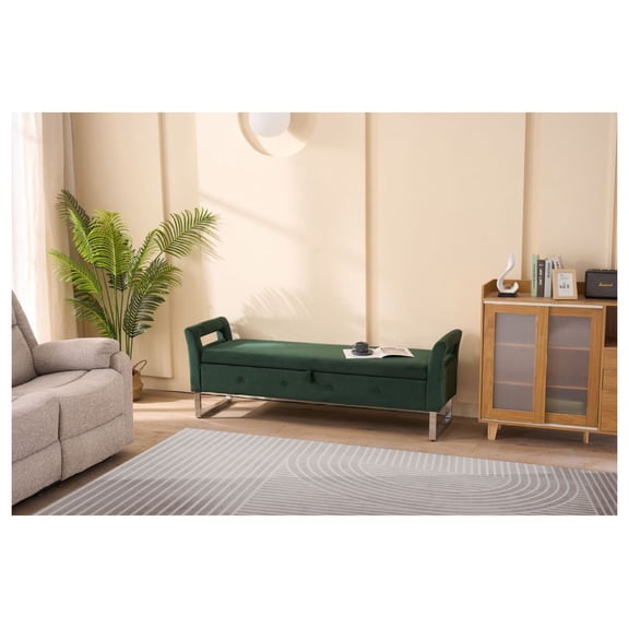 Storage Ottoman with Armrests, 67.91" Wide Soft Bench, Living Room Footrest, Entryway Shoe Bench, Bedroom Seat - Green