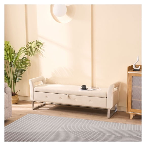 Storage Ottoman with Armrests, 68" Wide Soft Bench, Living Room Entryway Bedroom Furniture, Beige