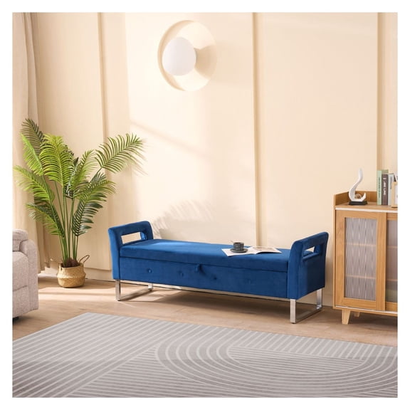 Storage Ottoman with Armrests, 68 Wide Soft Bench, Navy Blue