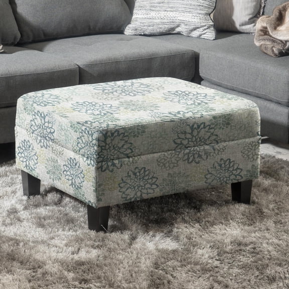 Storage Ottoman with Blue Floral Pattern, Tufted Square Fabric Footrest