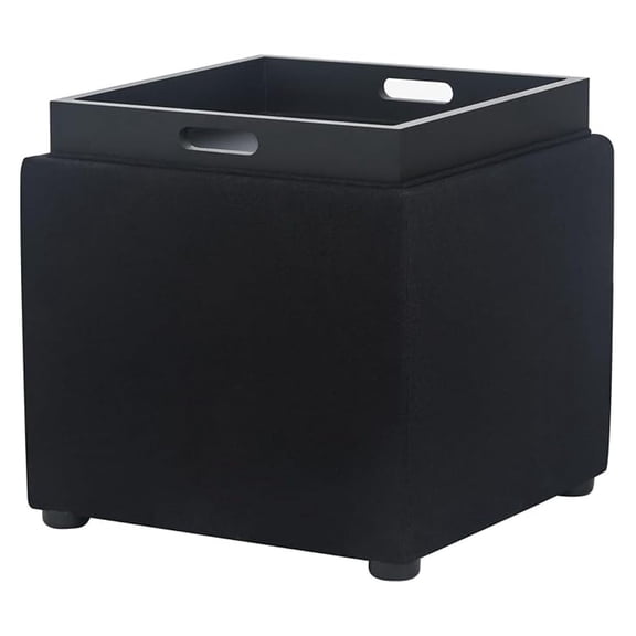 Storage Ottoman with Tray, Linen Foot Rest Stool Cube, Black - Coffee Table for Living Room, Bedroom & Dorm