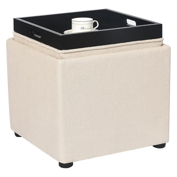 Storage Ottoman with Tray, Linen Foot Rest Stool Cube, Coffee Table - Beige