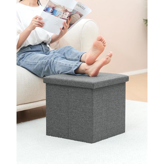 Storage Ottoman with Tray, Linen Small Coffee Table Folding Foot Rest Seat Cube, Dark Grey 16"X15.7"x15" Double (2 Pack)