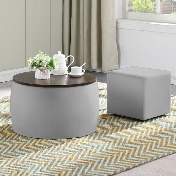 Storage Ottoman with Tray, Round Ottoman Coffee Table Handmade with Storage, Cube Organizer, End Table for Living Room, LJ423