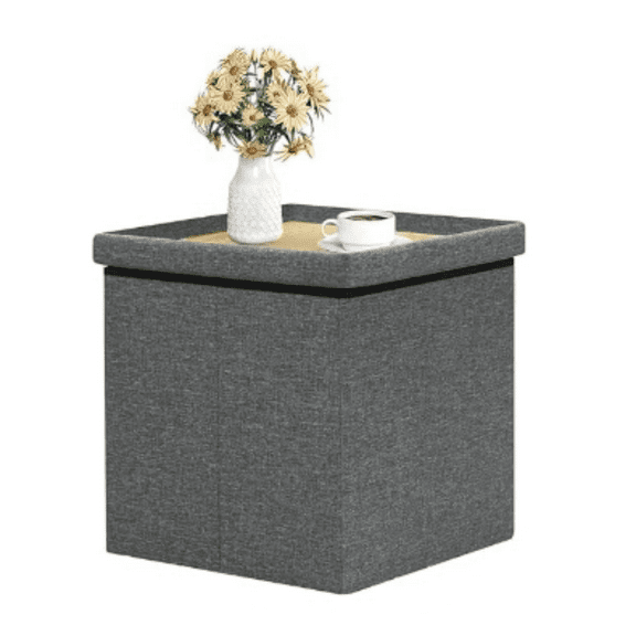 Storage Ottoman with Tray, Small Ottomans Cube Folding Coffee Table Foot Stool Footrest Seat, Dark Grey Linen