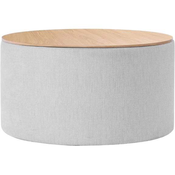 Storage Ottoman with Wood Grain Top - Light Gray Textured Woven