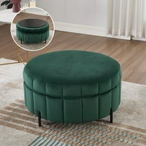 Storage Ottomans 31.5"W Upholstered Round Ottoman With Reversible Lid, Velvet Storage Stool, Channel Tufted Pumpkin-shape Footstool for Living room, Bedroom and Office, Green,Leather Ottomans
