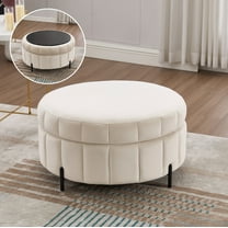Storage Ottomans 31.5"W Upholstered Round Ottoman With Reversible Lid, Velvet Storage Stool, Channel Tufted Pumpkin-shape Footstool for Living room, Bedroom and Office, Beige,Leather Ottomans