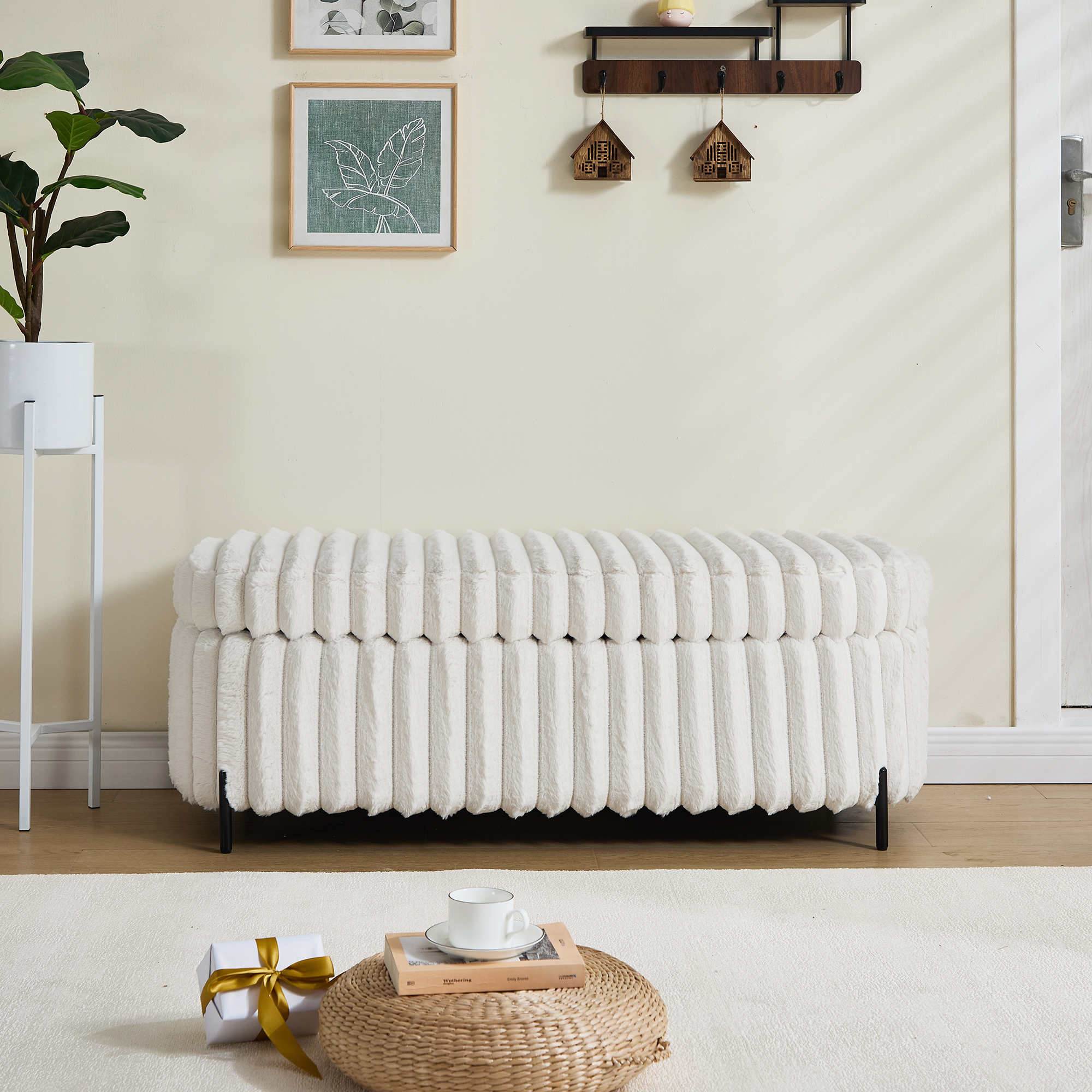 Storage Ottomans 49.2" Wide Faux Fur Flip Top Storage Bench with Black ...