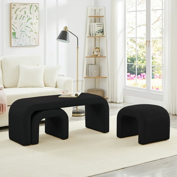 Storage Ottomans Set of 3 U-Shaped Modern Bench Teddy Ottoman Bench for Entryway, Bedroom End of Bed, Set of 3 Small Sofa Footrest Extra Seating for Living Room, 44+18 Inch Bench Bench & Ottoman- Bl