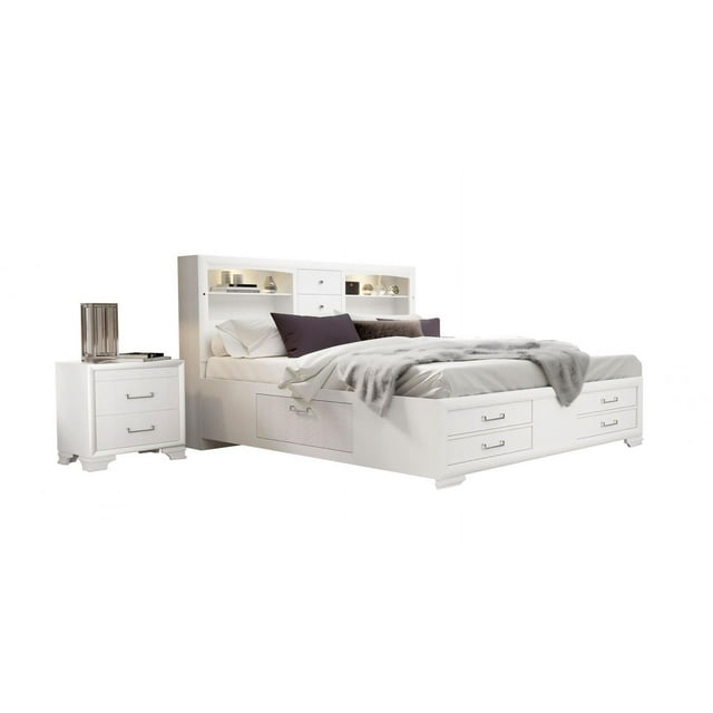 Storage Queen Bed & 2 Nightstands Glossy White Modern Global Furniture Jordyn