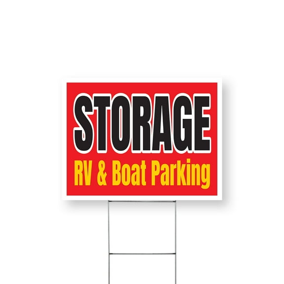 Storage RV & Boat Parking Yard Sign 12 Inch x 16 Inch Single Sided Weatherproof Heavy-Duty Plastic with Stake | Secure Storage, Reliable Facilities, Affordable Options | Made in USA