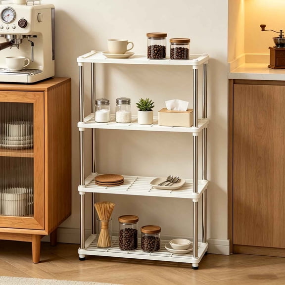 Storage Rack 4 Tier Multi-Layer Floor Standing Shelf Organizer Durable Plastic Stainless Steel Space Saving Shelving Unit for Kitchen Bathroom Office Balcony