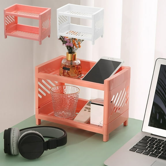 Storage Rack under $5! Xqxayjr Desktop 2-Tier Storage Rack, Plastic Organizer for Cosmetics, Kitchen Spices, Office Supplies, Hollow Design with Non-Slip Feet, White & Pink