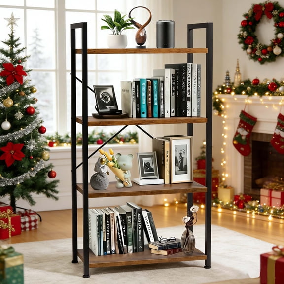 YEEZEE 4-Tier Bookshelf, Industrial Open Shelving Unit, Modern Tall Bookcase Ideal For Bedrooms, Living Rooms, And Home Offices Rustic Brown