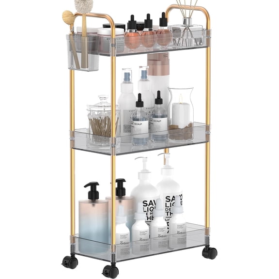 Movanne 3-Tier Rolling Acrylic Storage Cart with Hooks, Baskets & Lockable Wheels – Kitchen, Bathroom, Office