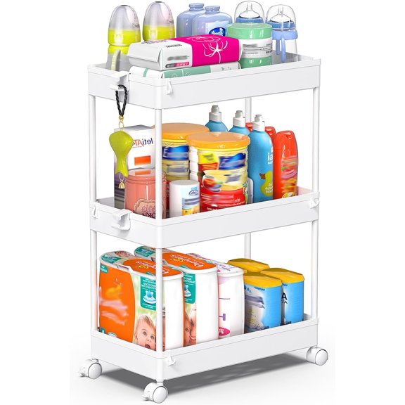 Storage Rolling Cart, 3 Tier Laundry Room Organization Utility Cart Bathroom Organizer Mobile Shelving Unit Shelves Multi-Functional Trolley, White