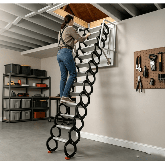 Storage Room Staircase 12 Steps, Wall Mounted Retractable Loft Ladder with Handrails and Pull Down System, Heavy Duty Folding Attic Stairs for Garage Warehouse Roof