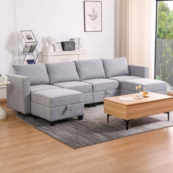 Modern U-Shaped Modular Sectional Sofa with Storage - Light Grey Fabric, 220cm (4-Seat), Solid Hardwood Frame