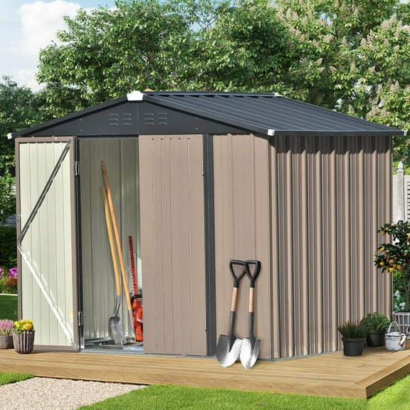 Storage Shed 8FT X 6FT, Outdoor Shed Garden Storage Shed Metal with Lockable Doors and Foundation Frame, Bike Shed for Patio Lawn Backyard Trash Cans