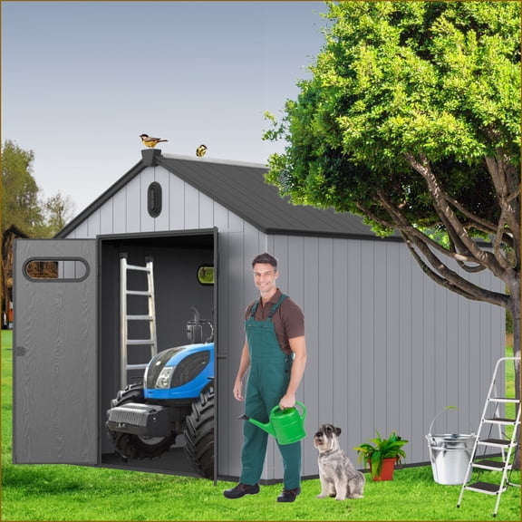Storage Sheds | 8x10ft Slate Gray Black Outdoor Tool Storage for Backyard Garden | Caseta de Almacenamiento | Plastic,Resin | Roof Style: Big Spire