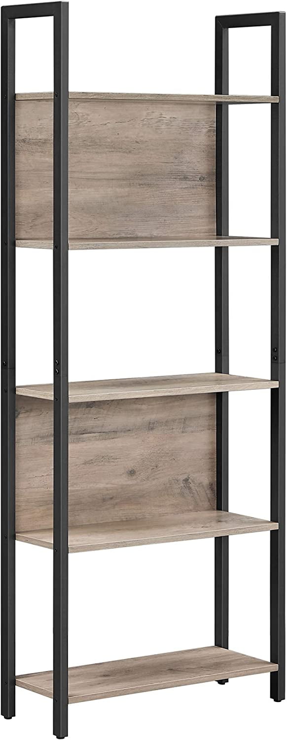 Greige and Black 5-Tier Adjustable Bookshelf with Steel Frame