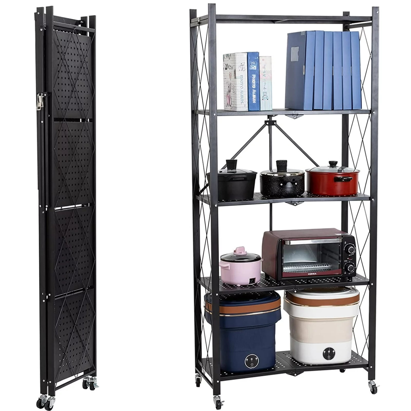 Storage Shelf 5 Tier, Heavy Duty Foldable Shelving Units with Wheels, Metal Storage Rack, Wire