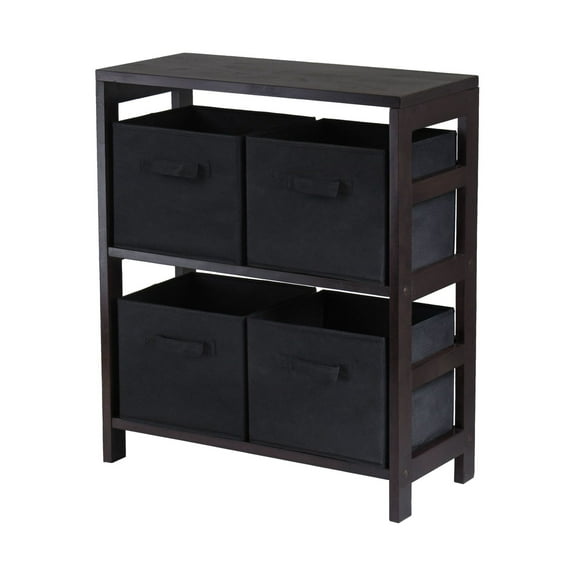 Storage Shelf with Baskets, 2-Section M Bookcase - Black Fabric Bins, Walnut Finish - Home Organization, Living Room, Bedroom, 25.2"W x 11.2"D x 29.2"H