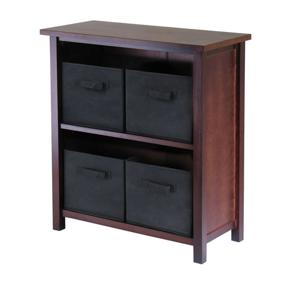 Storage Shelf with Baskets, 2-Section M Shelving Unit - Warm Walnut Finish, Foldable Fabric Bins - Bookcase for Living Room, Bedroom, Closet Organizer