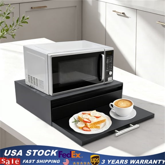 Storage Shelf, Black, Microwave Stand Cart with 1 Drawer, Kitchen Organizer for Microwave Oven, Toaster, Coffee Maker, Pull-Out Tray, Space Saver