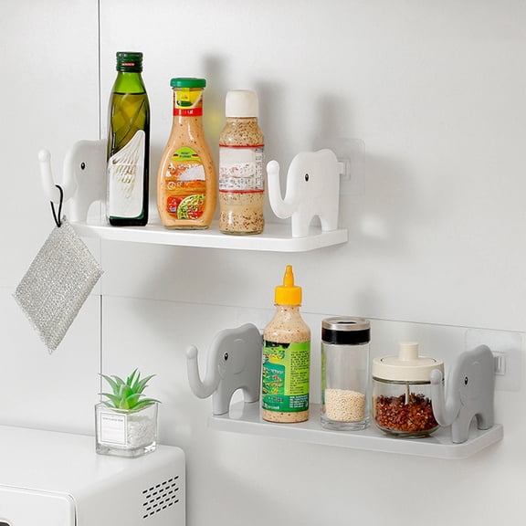 Storage Shelf Organizer, Floating Wall Shelf, Plastic, No-Punching Installation, Elephants Shaped, Space-Saving, Durable, Gray, White, for Kitchen, Bathroom