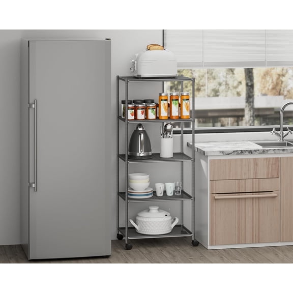 Storage Shelf with Wheels - Adjustable 5 Tiers Mesh Wire Shelving Unit, Metal Standing Storage Rack for Kitchen Pantry Closet Bathroom Laundry Garage Tool Organizer Shelves