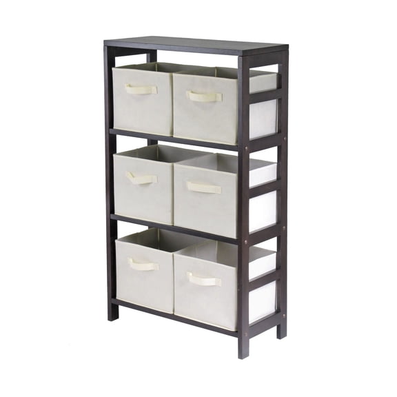 Storage Shelf with Baskets, 3-Section M Shelving Unit, Foldable Fabric Bins, Espresso Finish, Home Organization for Books, Toys, Clothes