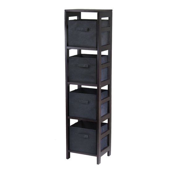 Storage Shelf with Baskets, 4-Section Fabric Cube Organizer, 5-PC Walnut Bookshelf with Foldable Black Bins, Home Living Room Bedroom Organization