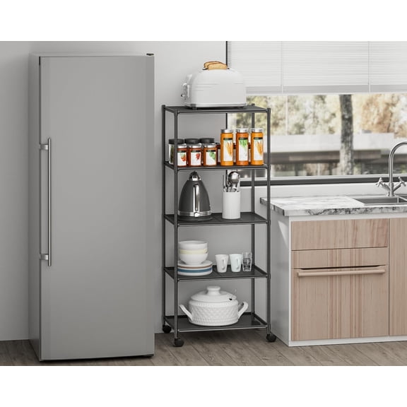 Storage Shelf with Wheels - Adjustable 5 Tiers Mesh Wire Shelving Unit, Metal Standing Storage Rack for Kitchen Pantry Closet Bathroom Laundry Garage Tool Organizer Shelves