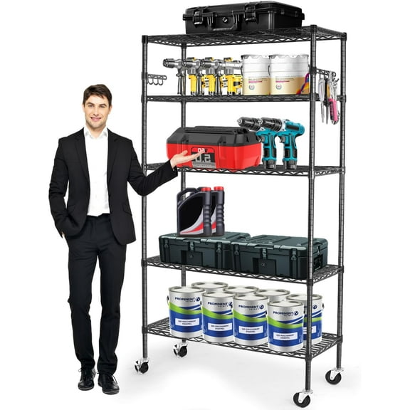 Storage Shelves,1750Lbs 5 Tier Rolling Shelving Unit with Wheels & 8 Hooks, Adjustable Garage Wire Rack for Kitchen, Bathroom,Industrial,Pantry(36" W x 14" D x 72" H,Black)