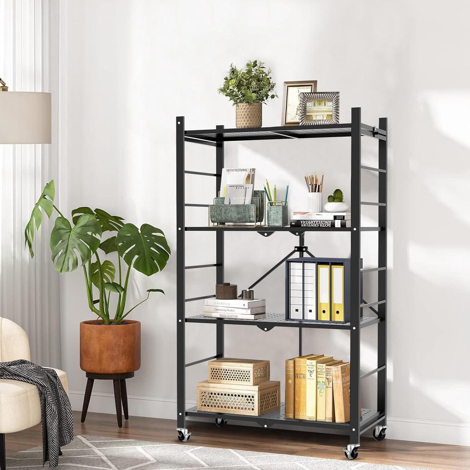 Storage Shelves with 20 Hooks, 4-Tier Foldable Shelves for Storage