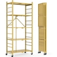 thumbnail image 1 of 5-Tier Storage Folding Shelf with 20 Hooks, 4 Wheels, and Adjustable Feet, Stainless Steel, 1 of 15
