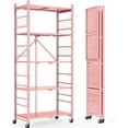 thumbnail image 1 of Storage Shelves with 20 Hooks, 5-Tier Foldable Shelves for Storage, Folding Shelf Unit Pantry Shelves with Wheels, Standing Shelving Unit for Kitchen Garage Home Office Room Greenhouse, Pink, 1 of 15